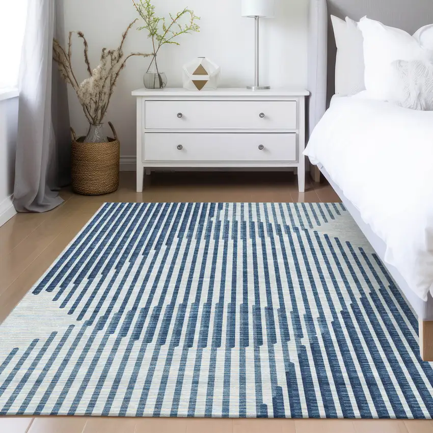 Blue And Ivory Geometric Washable Indoor Outdoor Area Rug Photo 9