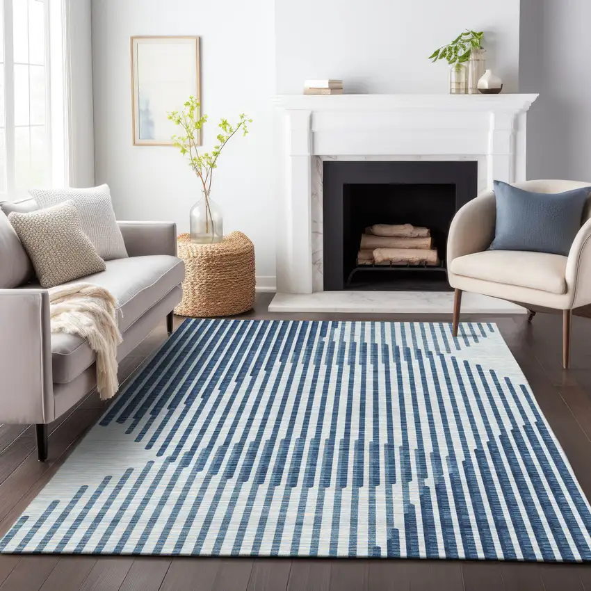 Blue And Ivory Geometric Washable Indoor Outdoor Area Rug Photo 9
