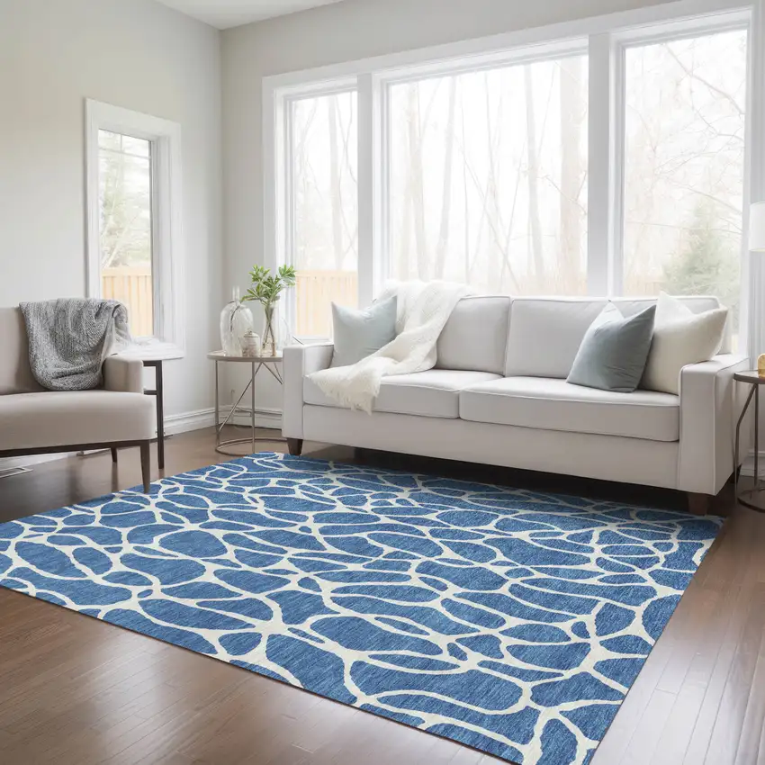 Blue And Ivory Geometric Washable Indoor Outdoor Area Rug Photo 9