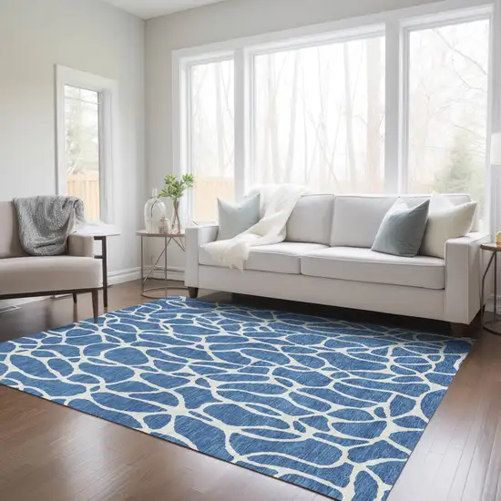 Blue And Ivory Geometric Washable Indoor Outdoor Area Rug Photo 9