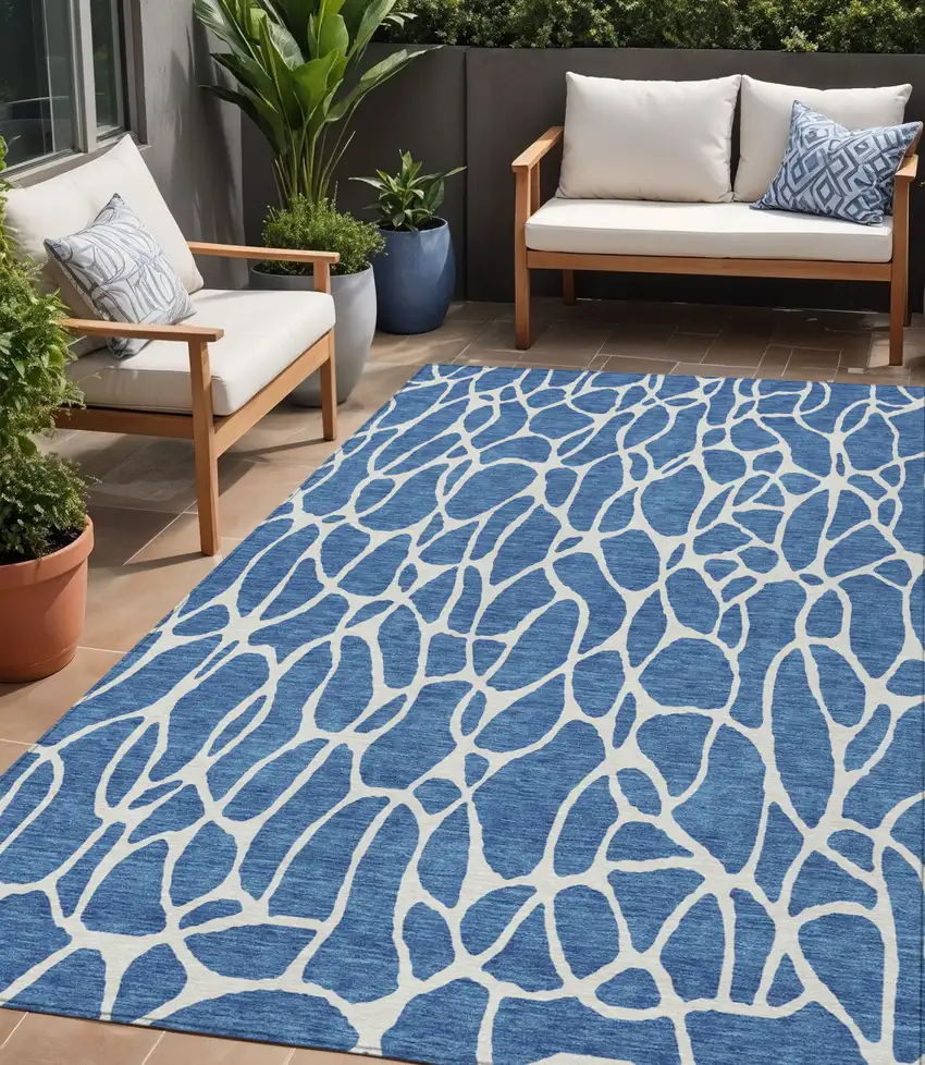 Blue And Ivory Geometric Washable Indoor Outdoor Area Rug Photo 1
