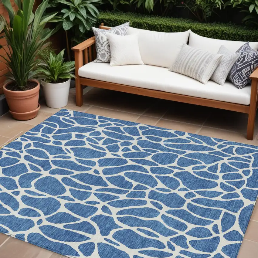 Blue And Ivory Geometric Washable Indoor Outdoor Area Rug Photo 1