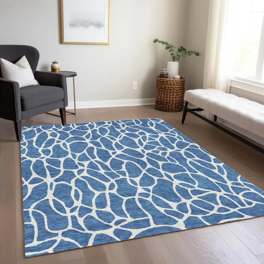 Blue And Ivory Geometric Washable Indoor Outdoor Area Rug Photo 9