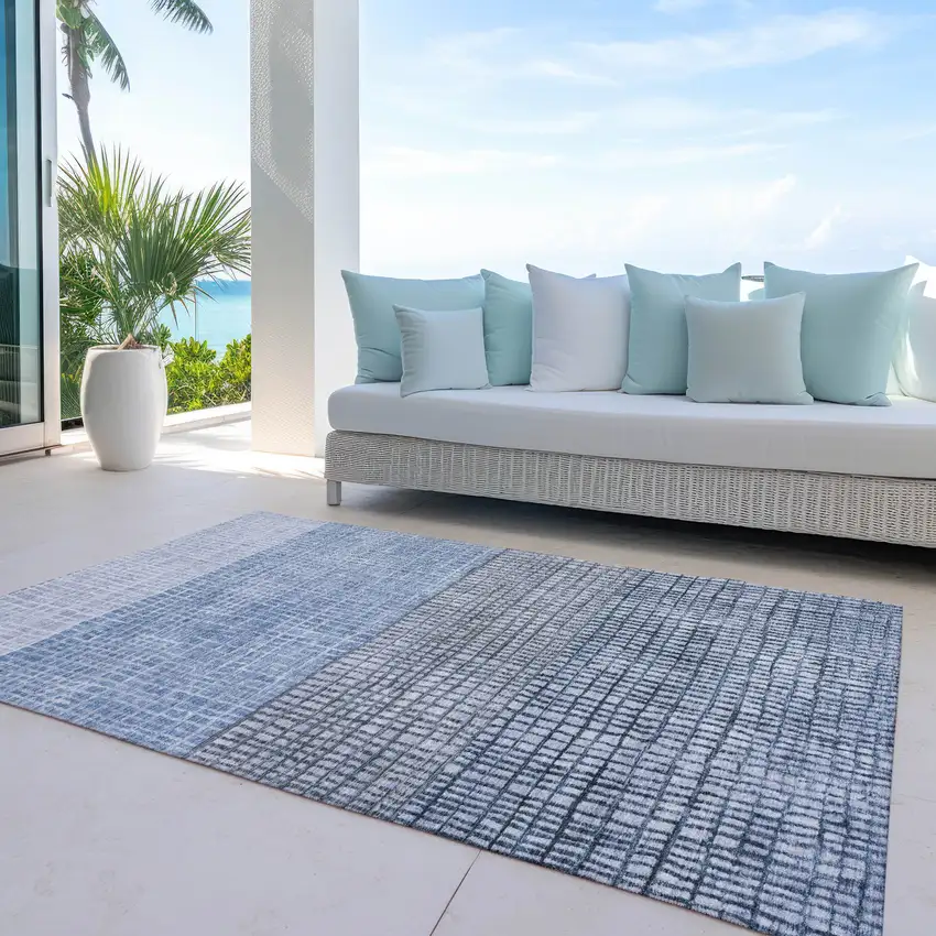 Blue And Ivory Geometric Washable Indoor Outdoor Area Rug Photo 5