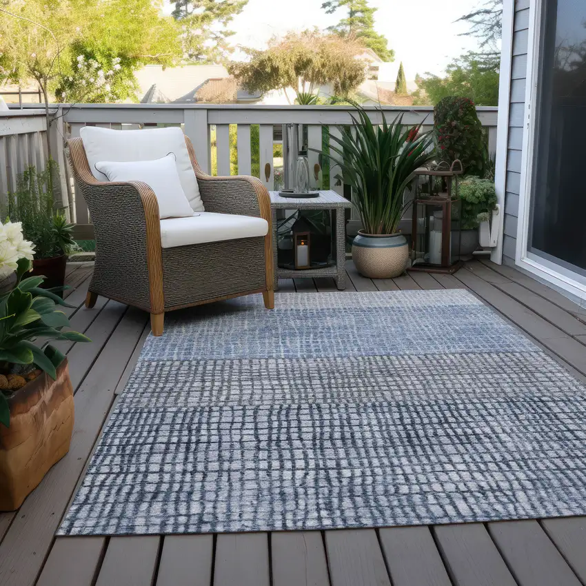 Blue And Ivory Geometric Washable Indoor Outdoor Area Rug Photo 8