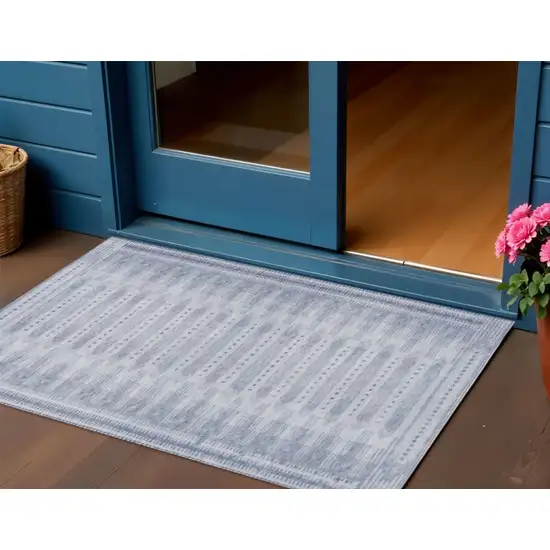 Blue And Ivory Geometric Washable Indoor Outdoor Area Rug Photo 2