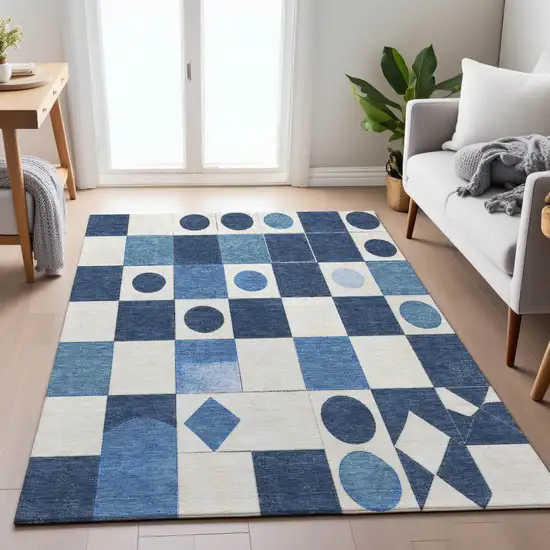 Blue And Ivory Geometric Washable Indoor Outdoor Area Rug Photo 8