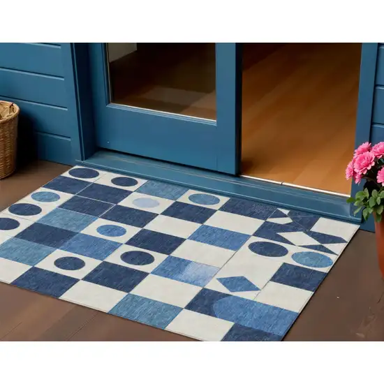 Blue And Ivory Geometric Washable Indoor Outdoor Area Rug Photo 2