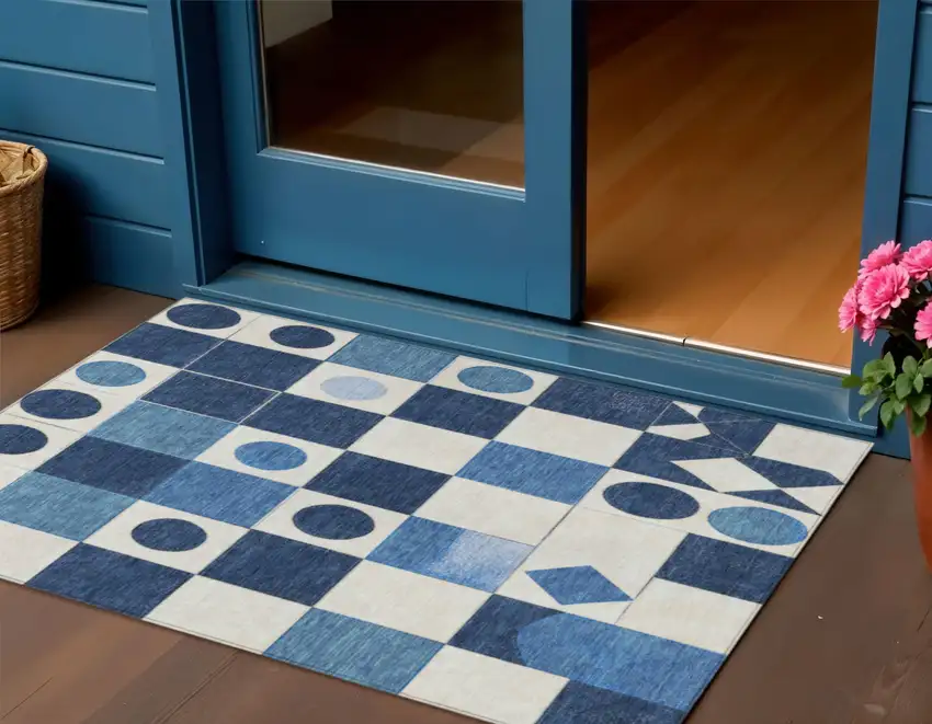 Blue And Ivory Geometric Washable Indoor Outdoor Area Rug Photo 2