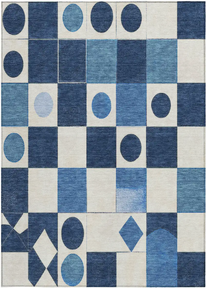 Blue And Ivory Geometric Washable Indoor Outdoor Area Rug Photo 3