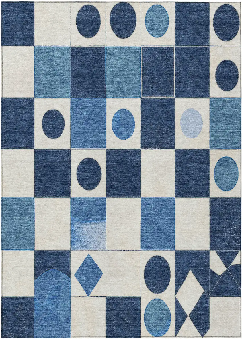 Blue And Ivory Geometric Washable Indoor Outdoor Area Rug Photo 1