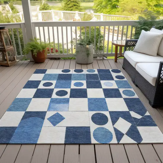 Blue And Ivory Geometric Washable Indoor Outdoor Area Rug Photo 8