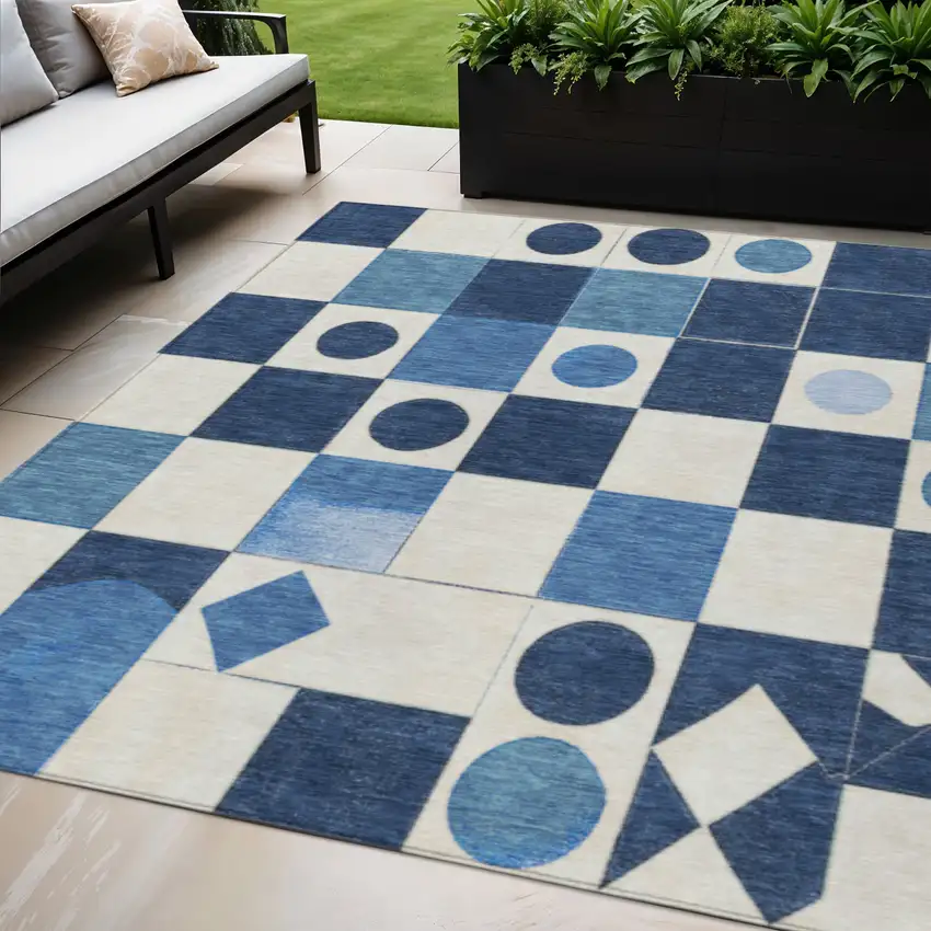 Blue And Ivory Geometric Washable Indoor Outdoor Area Rug Photo 2