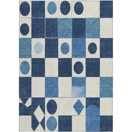 Blue And Ivory Geometric Washable Indoor Outdoor Area Rug Photo 3