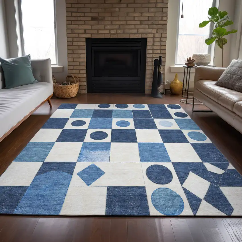 Blue And Ivory Geometric Washable Indoor Outdoor Area Rug Photo 9