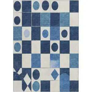 Photo of Blue And Ivory Geometric Washable Indoor Outdoor Area Rug