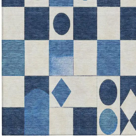 Blue And Ivory Geometric Washable Indoor Outdoor Area Rug Photo 5