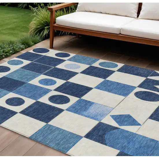 Blue And Ivory Geometric Washable Indoor Outdoor Area Rug Photo 2