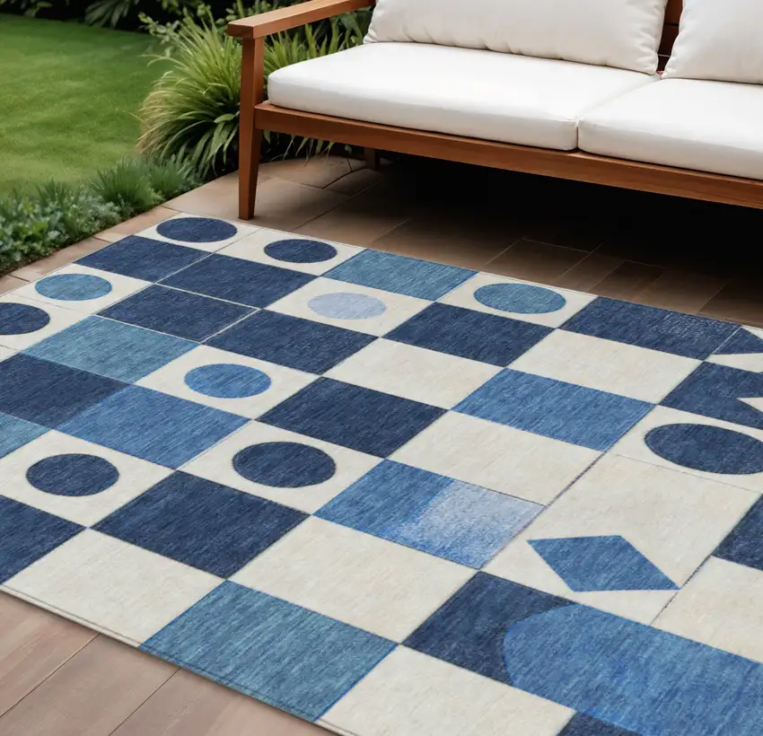 Blue And Ivory Geometric Washable Indoor Outdoor Area Rug Photo 2