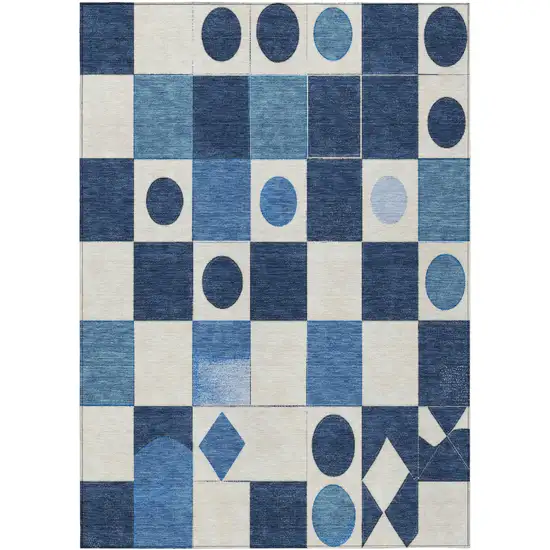 Blue And Ivory Geometric Washable Indoor Outdoor Area Rug Photo 1