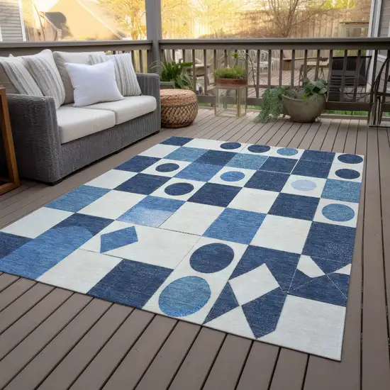 Blue And Ivory Geometric Washable Indoor Outdoor Area Rug Photo 9