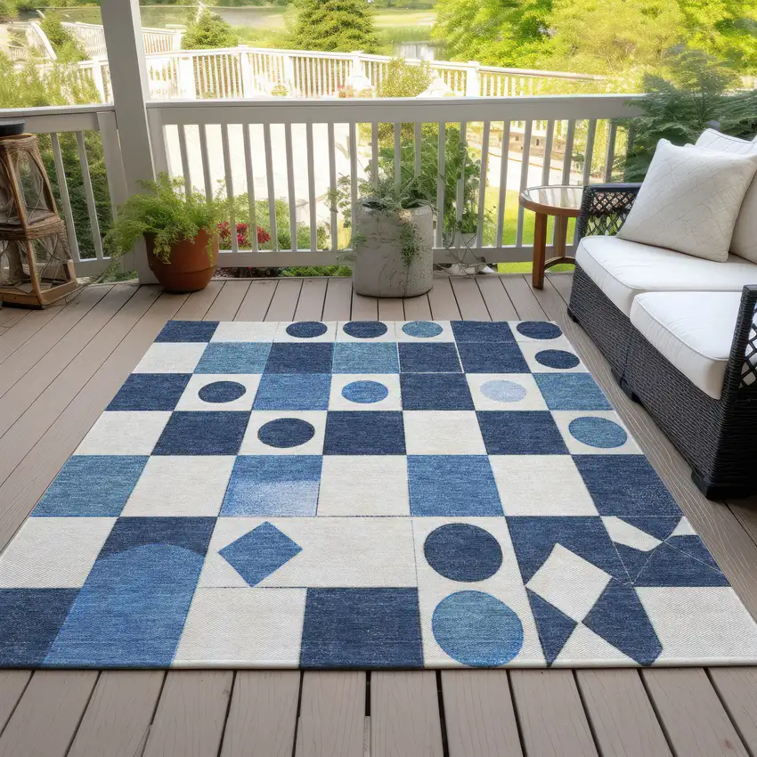 Blue And Ivory Geometric Washable Indoor Outdoor Area Rug Photo 8