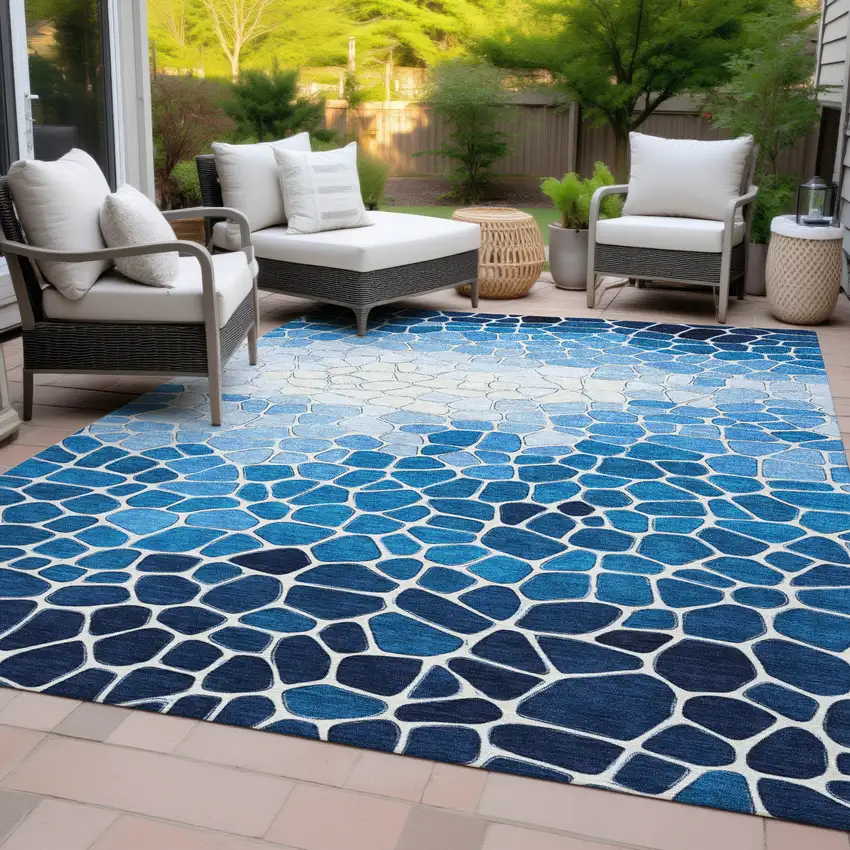 Blue And Ivory Geometric Washable Indoor Outdoor Area Rug Photo 9