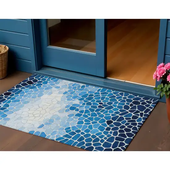 Blue And Ivory Geometric Washable Indoor Outdoor Area Rug Photo 2