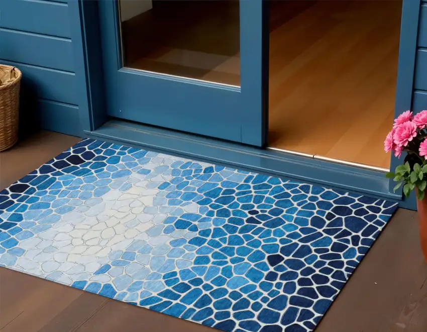 Blue And Ivory Geometric Washable Indoor Outdoor Area Rug Photo 2