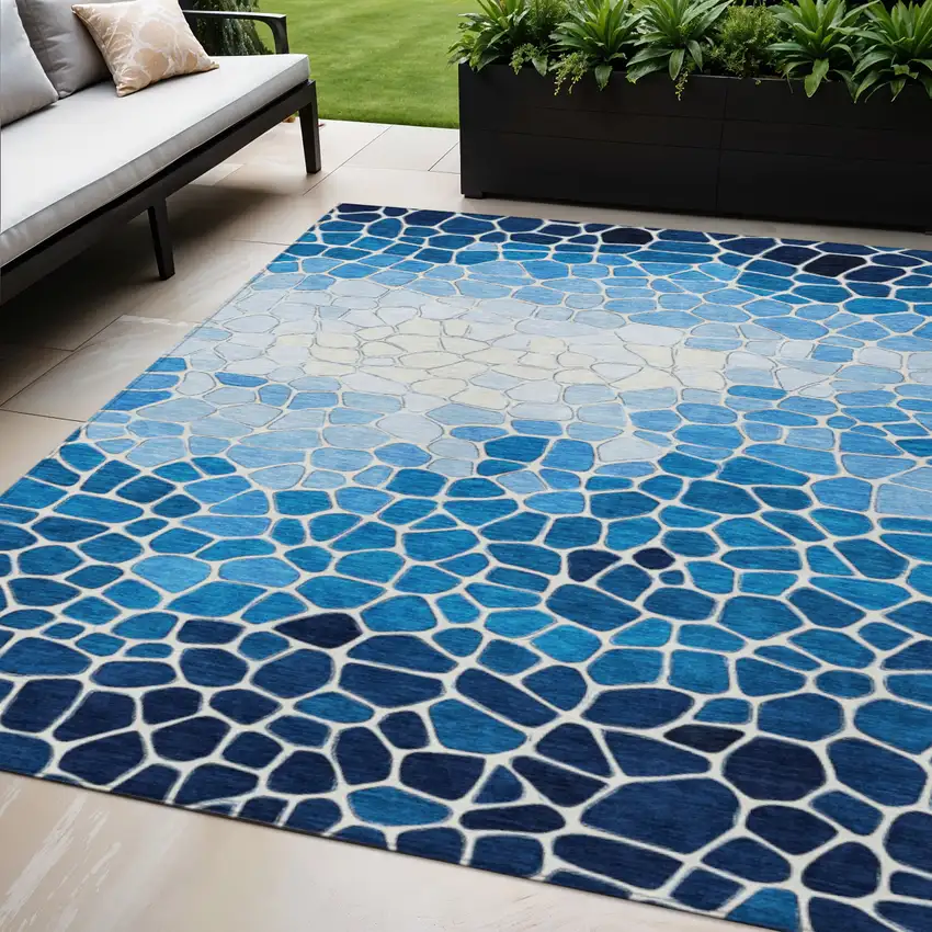Blue And Ivory Geometric Washable Indoor Outdoor Area Rug Photo 1