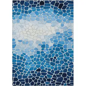 Photo of Blue And Ivory Geometric Washable Indoor Outdoor Area Rug