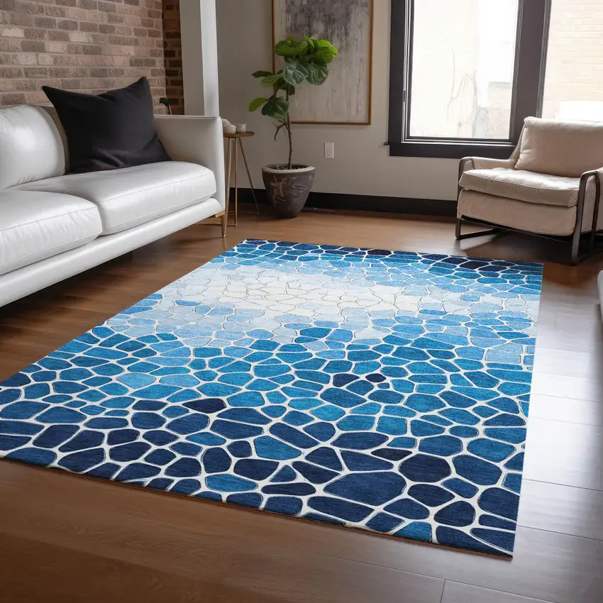 Blue And Ivory Geometric Washable Indoor Outdoor Area Rug Photo 7