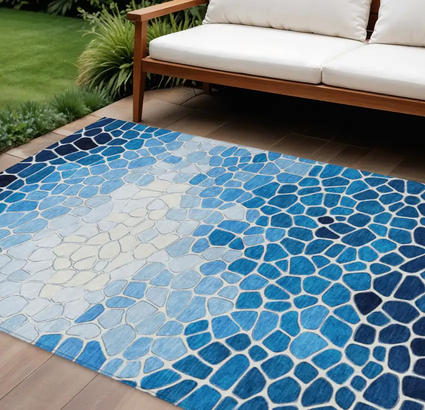 Blue And Ivory Geometric Washable Indoor Outdoor Area Rug Photo 2