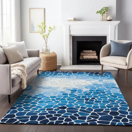 Blue And Ivory Geometric Washable Indoor Outdoor Area Rug Photo 6