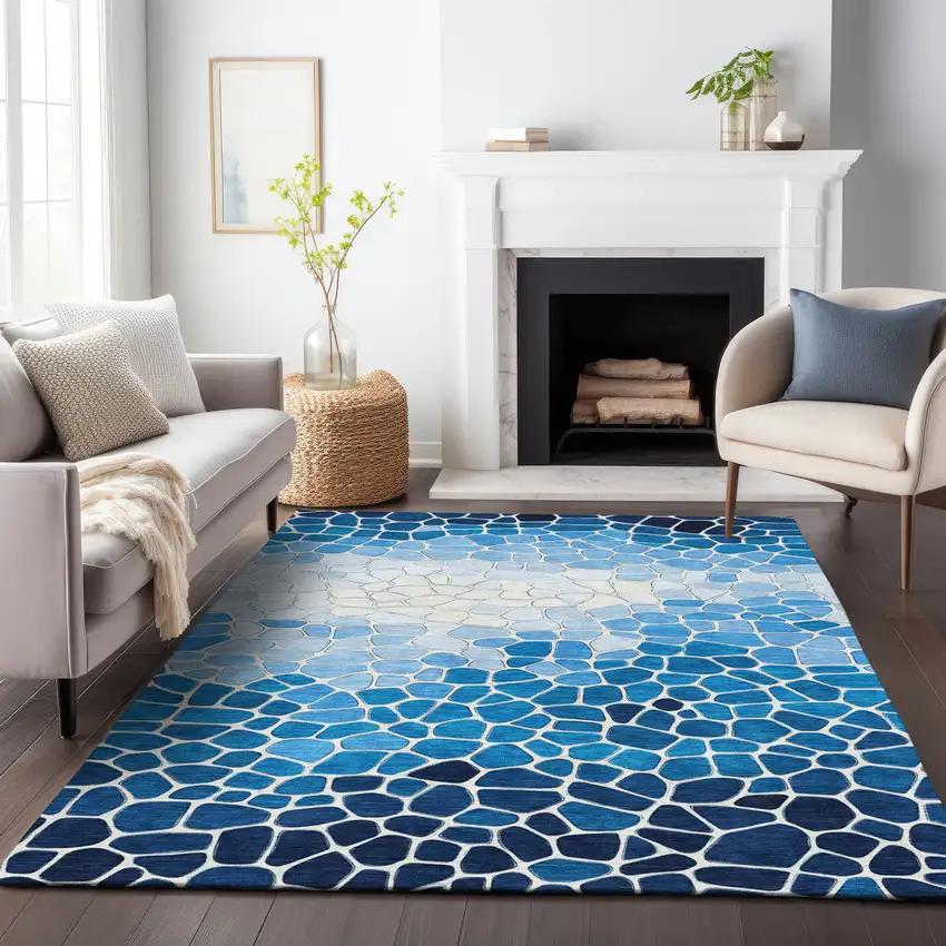 Blue And Ivory Geometric Washable Indoor Outdoor Area Rug Photo 6