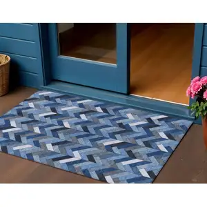 Photo of Blue And Ivory Geometric Washable Indoor Outdoor Area Rug