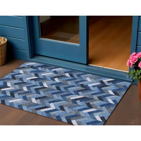 Blue And Ivory Geometric Washable Indoor Outdoor Area Rug Photo 1