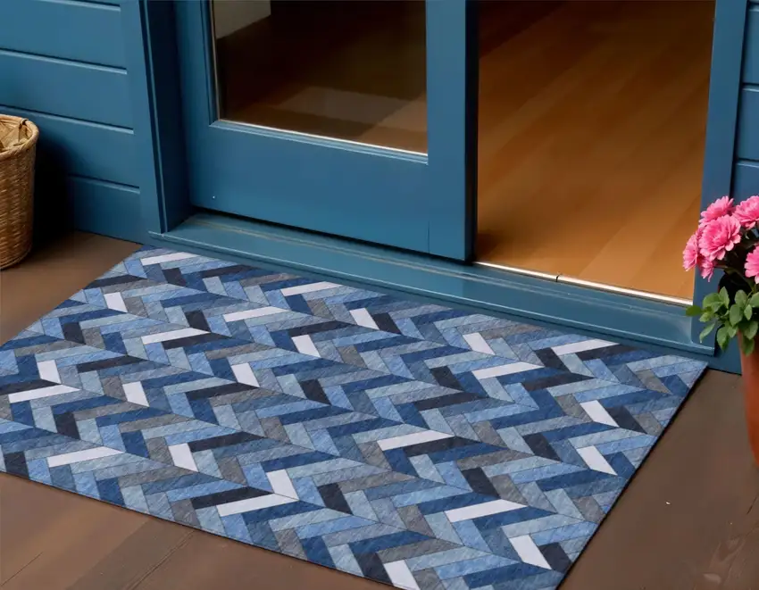 Blue And Ivory Geometric Washable Indoor Outdoor Area Rug Photo 1