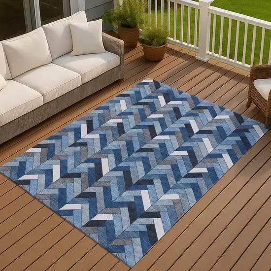 Blue And Ivory Geometric Washable Indoor Outdoor Area Rug Photo 9