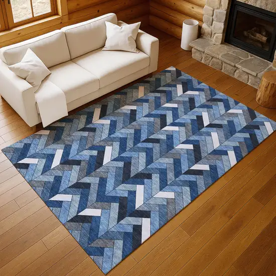 Blue And Ivory Geometric Washable Indoor Outdoor Area Rug Photo 9