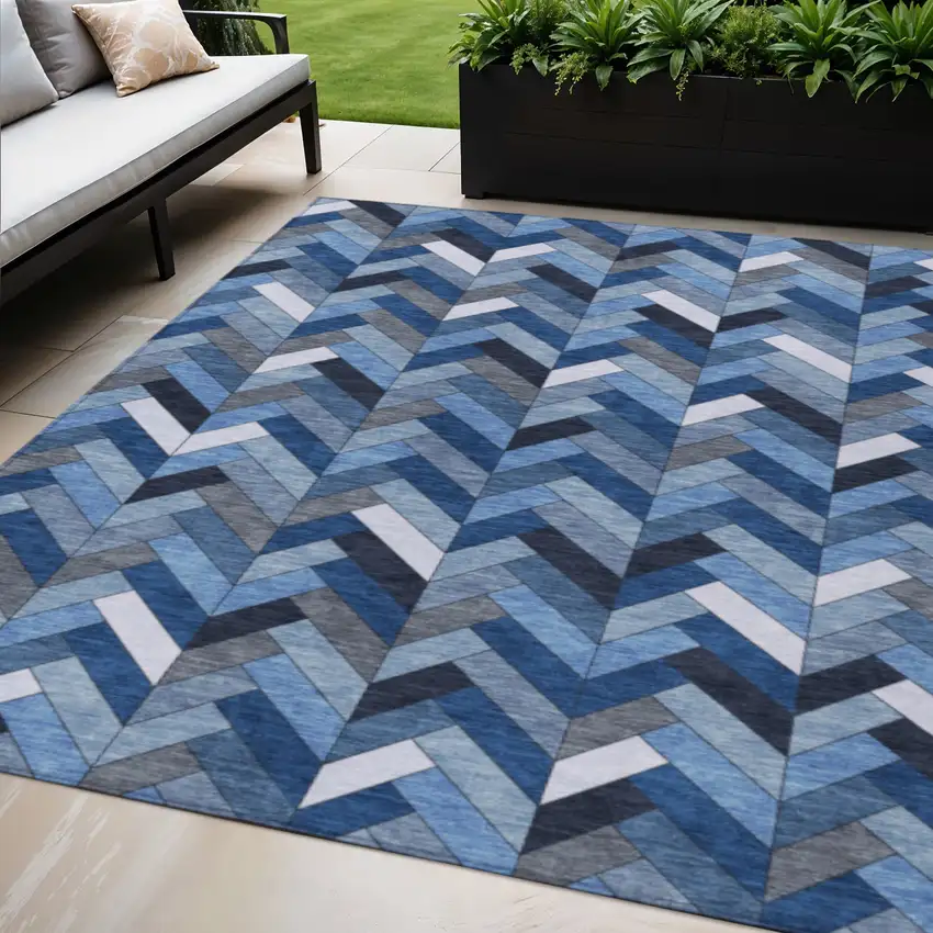 Blue And Ivory Geometric Washable Indoor Outdoor Area Rug Photo 1