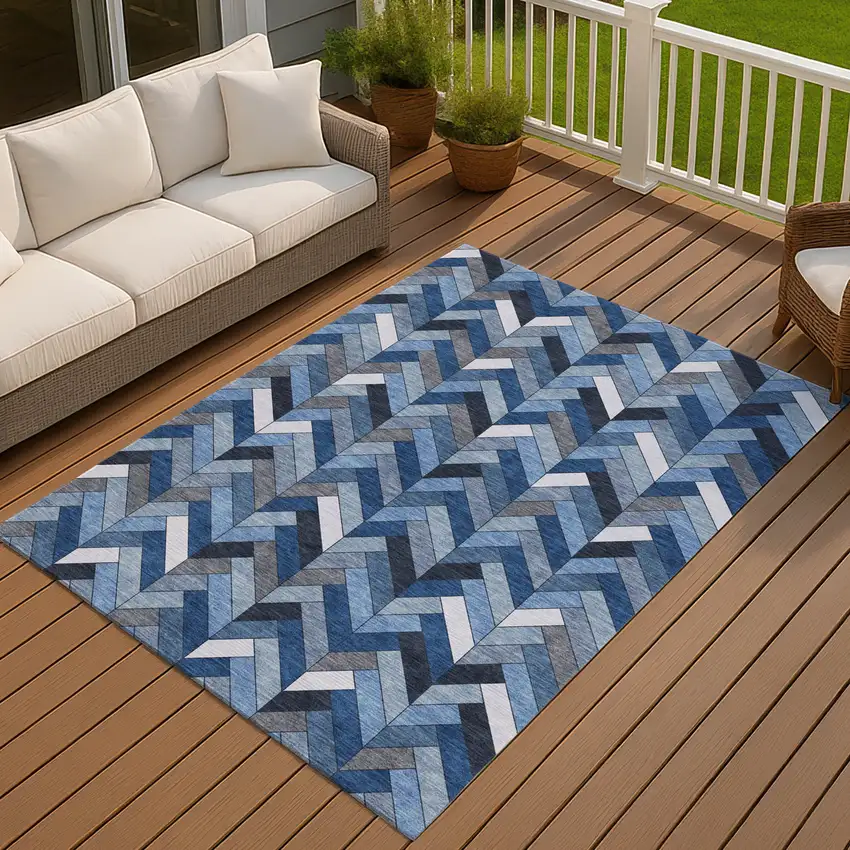 Blue And Ivory Geometric Washable Indoor Outdoor Area Rug Photo 9