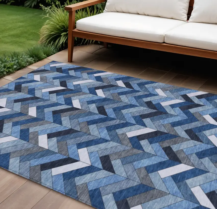 Blue And Ivory Geometric Washable Indoor Outdoor Area Rug Photo 1