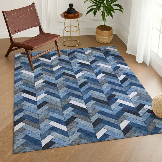 Blue And Ivory Geometric Washable Indoor Outdoor Area Rug Photo 9