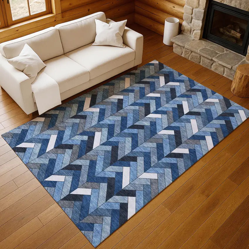 Blue And Ivory Geometric Washable Indoor Outdoor Area Rug Photo 9
