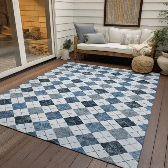 Blue And Ivory Geometric Washable Indoor Outdoor Area Rug Photo 9
