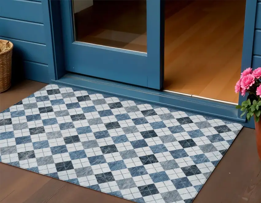 Blue And Ivory Geometric Washable Indoor Outdoor Area Rug Photo 1