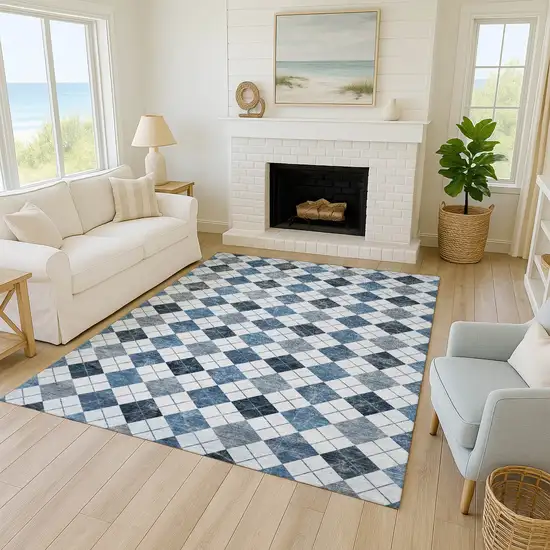 Blue And Ivory Geometric Washable Indoor Outdoor Area Rug Photo 8