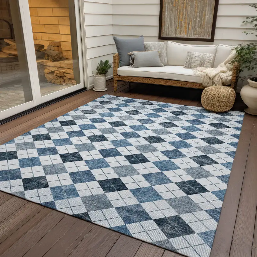 Blue And Ivory Geometric Washable Indoor Outdoor Area Rug Photo 9