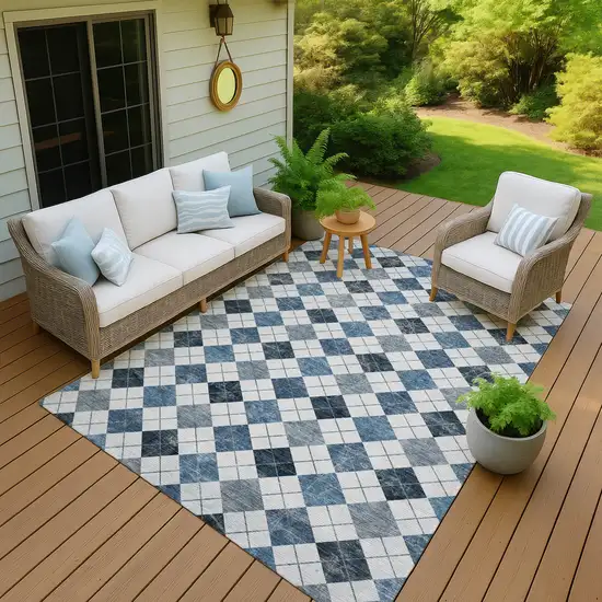 Blue And Ivory Geometric Washable Indoor Outdoor Area Rug Photo 5